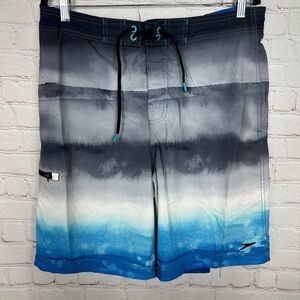 Speedo Swim Trunks Mens blue‎ gray Bathing Suit Lined Shorts, sz M